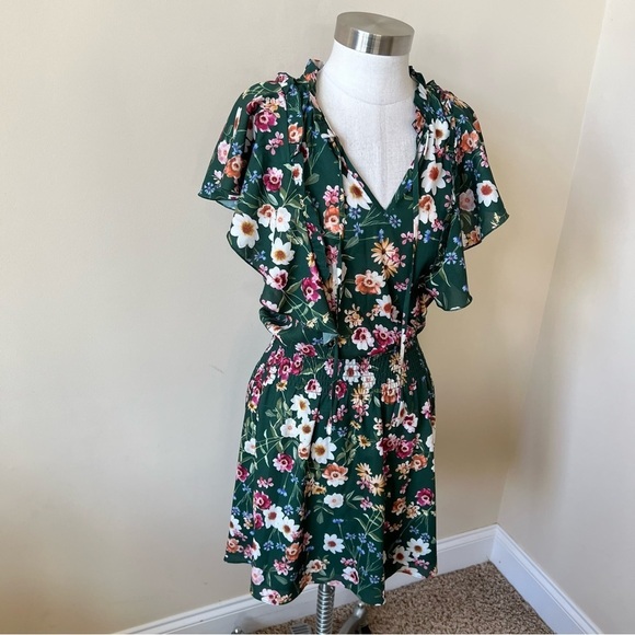 Parker Sloane Ruffle Floral Print Silk Blend Mini Dress Cacti Daisy 13741 - Picture 6 of 13
